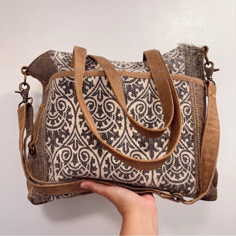 Myra Hair-on Hide Tapestry Leather Weekender Overnight Tote Travel Laptop Bag